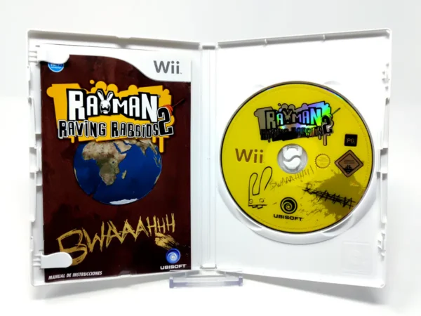 Interior del juego Rayman Raving Rabbids 2 (ESP) para Nintendo Wii con disco y manual