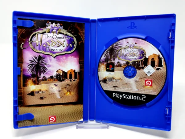 Interior del juego The Quest for Aladdin's Treasure (ESP) para PlayStation 2 con disco y manual