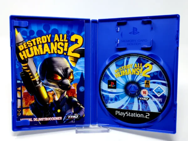 Interior del juego Destroy All Humans! 2 (ESP) para PlayStation 2 con disco y manual