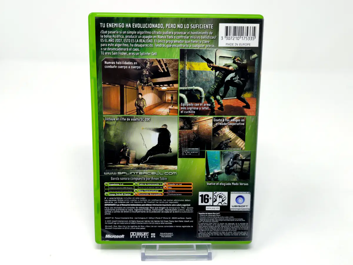 Parte trasera de Tom Clancy's Splinter Cell Chaos Theory (ESP) para XBOX, edición PAL España