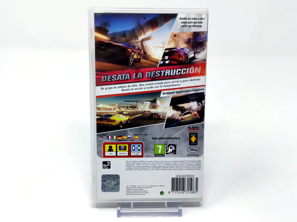 Parte trasera de Split/Second: Velocity (ESP) (Essentials) para PSP, edición PAL España