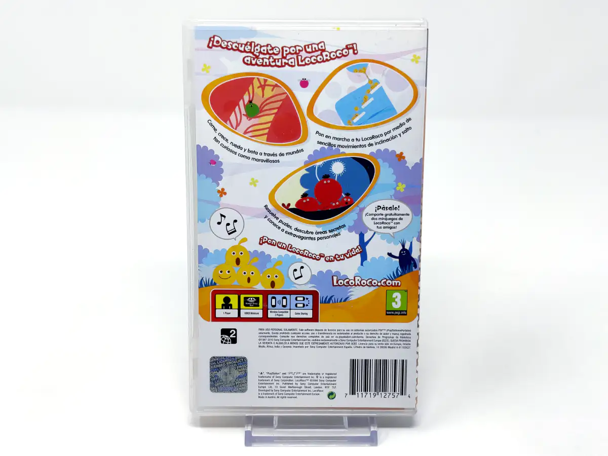 Parte trasera de LocoRoco (ESP) (Essentials) para PSP, edición PAL España