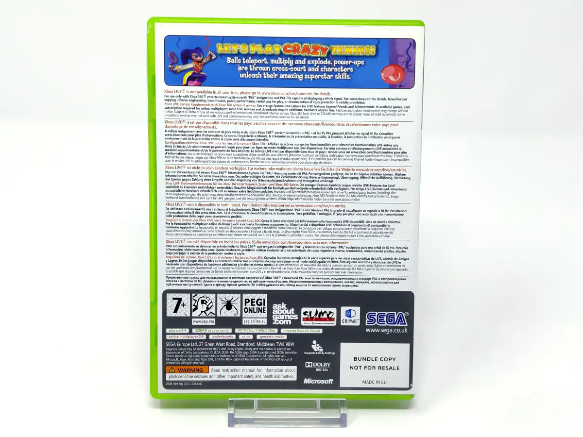 Parte trasera de SEGA Superstars Tennis (EUR) para XBOX 360, edición PAL EUR