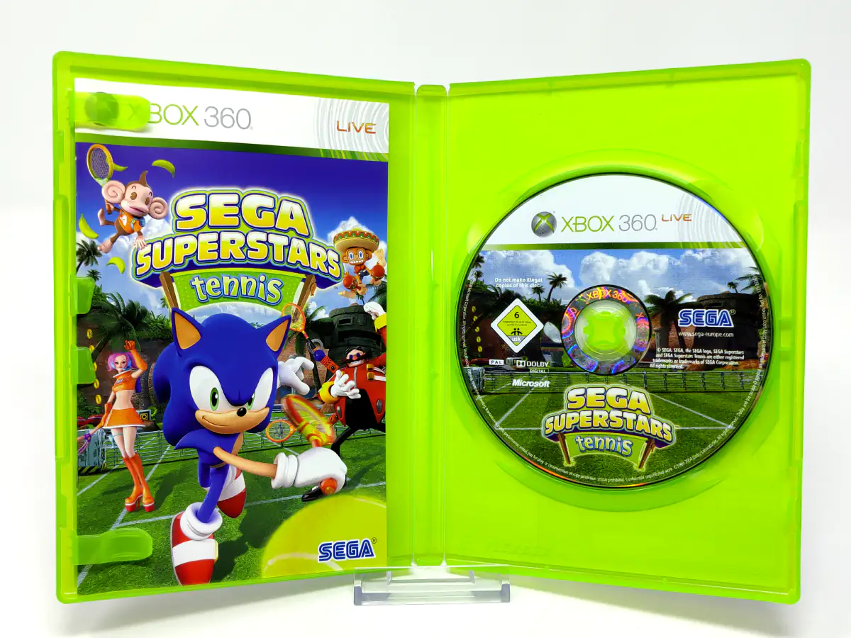 Interior del juego SEGA Superstars Tennis (EUR) para XBOX 360 con disco y manual