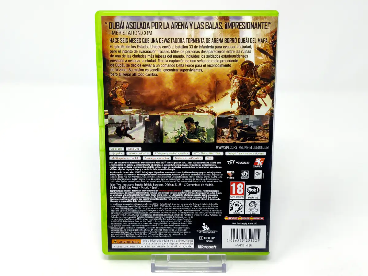 Parte trasera de Spec Ops: The Line (ESP) para XBOX 360, edición PAL España