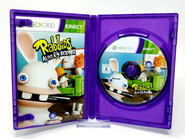 Interior del juego Rabbids: Vivitos y Okupando el Salón (ESP) para XBOX 360 con disco y manual