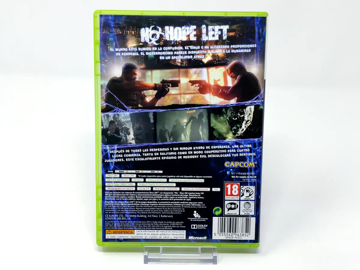 Parte trasera de Resident Evil 6 (ESP) para XBOX 360, edición PAL España