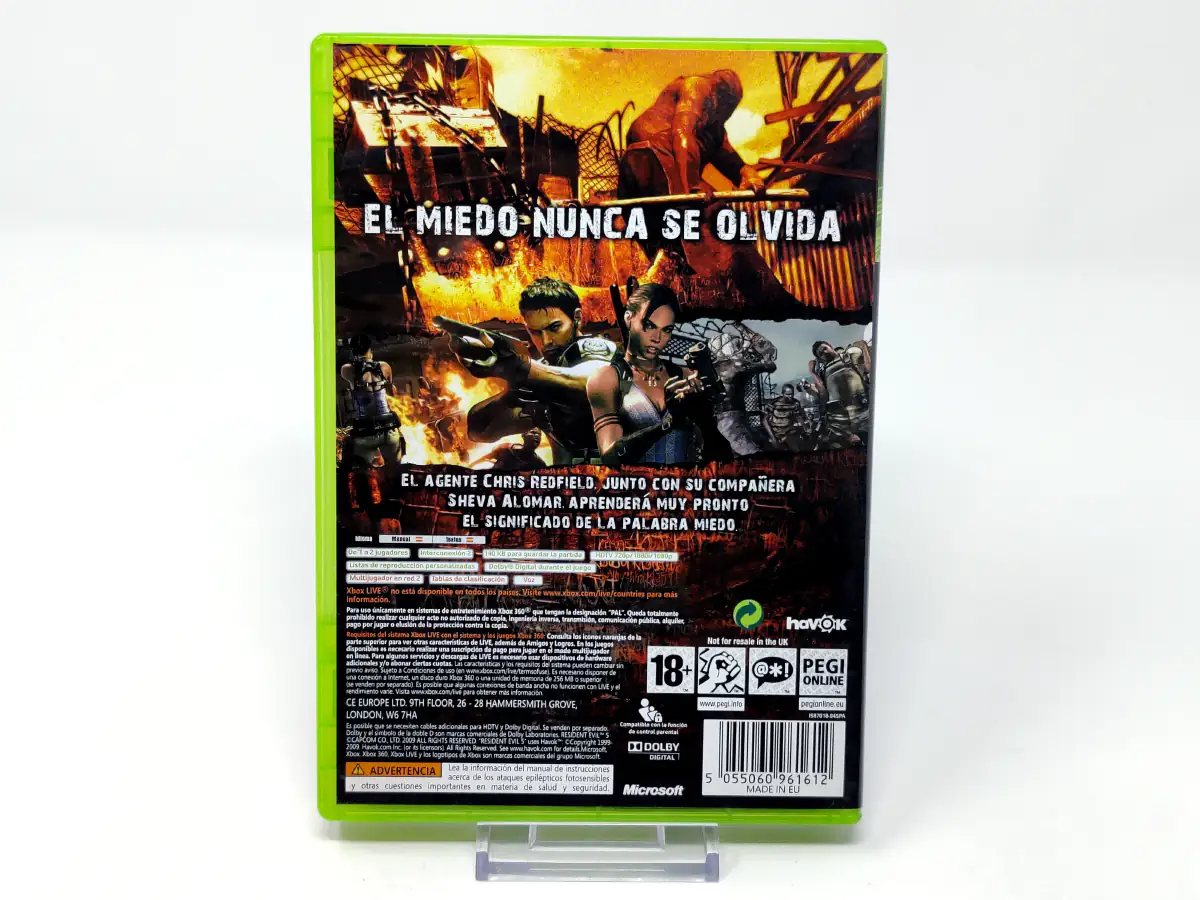 Parte trasera de Resident Evil 5 (ESP) para XBOX 360, edición PAL España