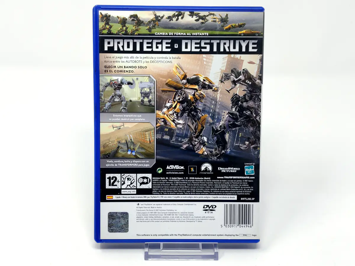 Parte trasera de Transformers: The Game (ESP) para PlayStation 2, edición PAL España