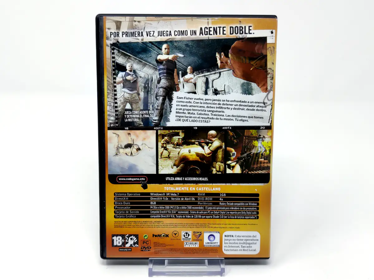 Parte trasera de Tom Clancy's Splinter Cell Double Agent (ESP) para PC, edición PAL España