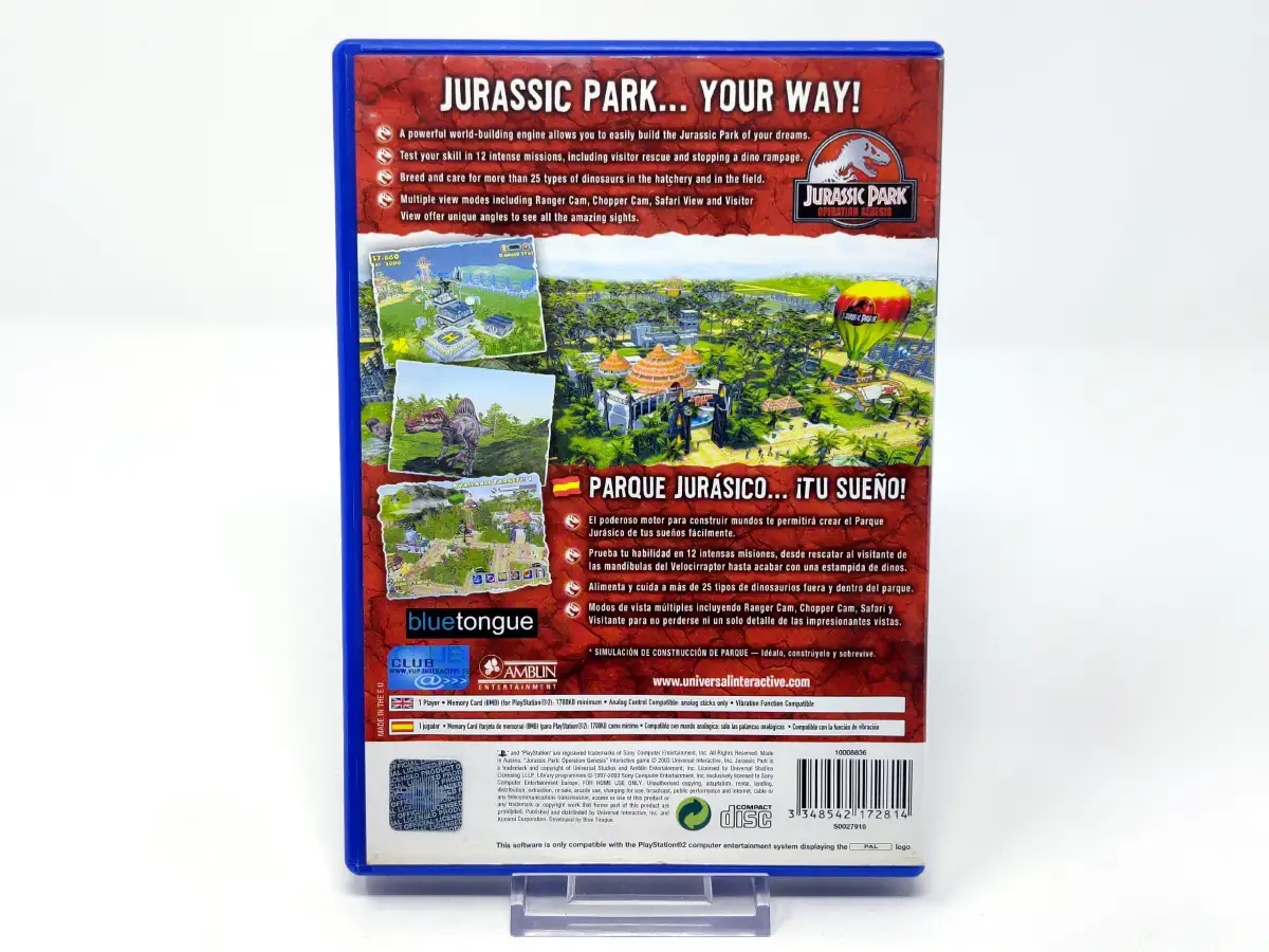 Parte trasera de Jurassic Park: Operation Genesis (ESP) para PlayStation 2, edición PAL España