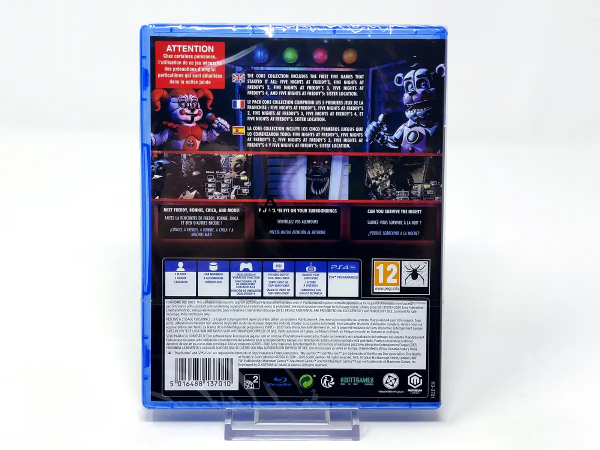 Parte trasera de Five Nights at Freddy's (Core Collection) (ESP) (Precintado) para PlayStation 4, edición PAL España