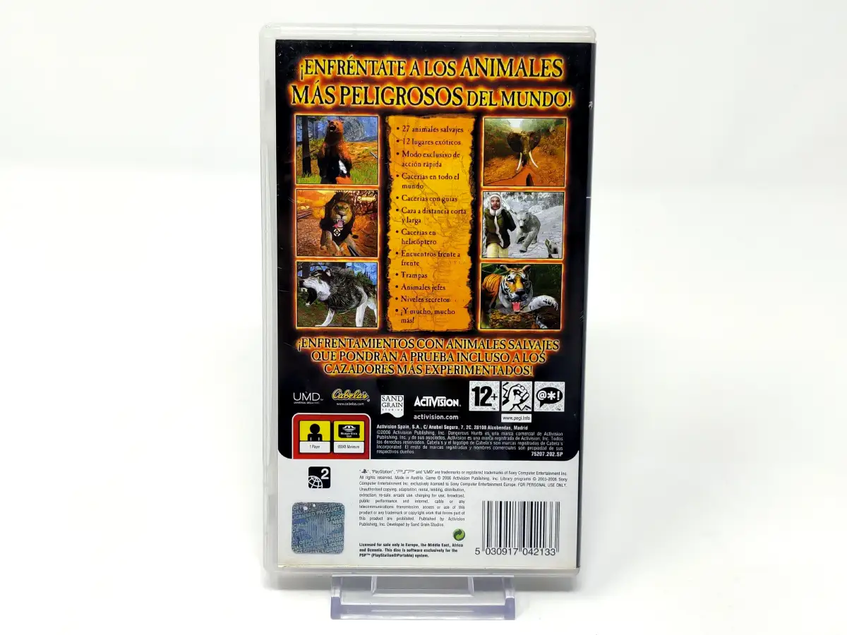 Parte trasera de Cabela's Dangerous Hunts: Ultimate Challenge (ESP) para PSP, edición PAL España