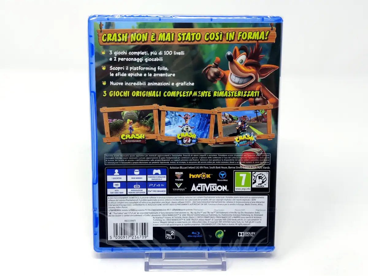 Parte trasera de Crash Bandicoot N. Sane Trilogy 2.0 (ITA) (Precintado) para PlayStation 4, edición PAL Italia