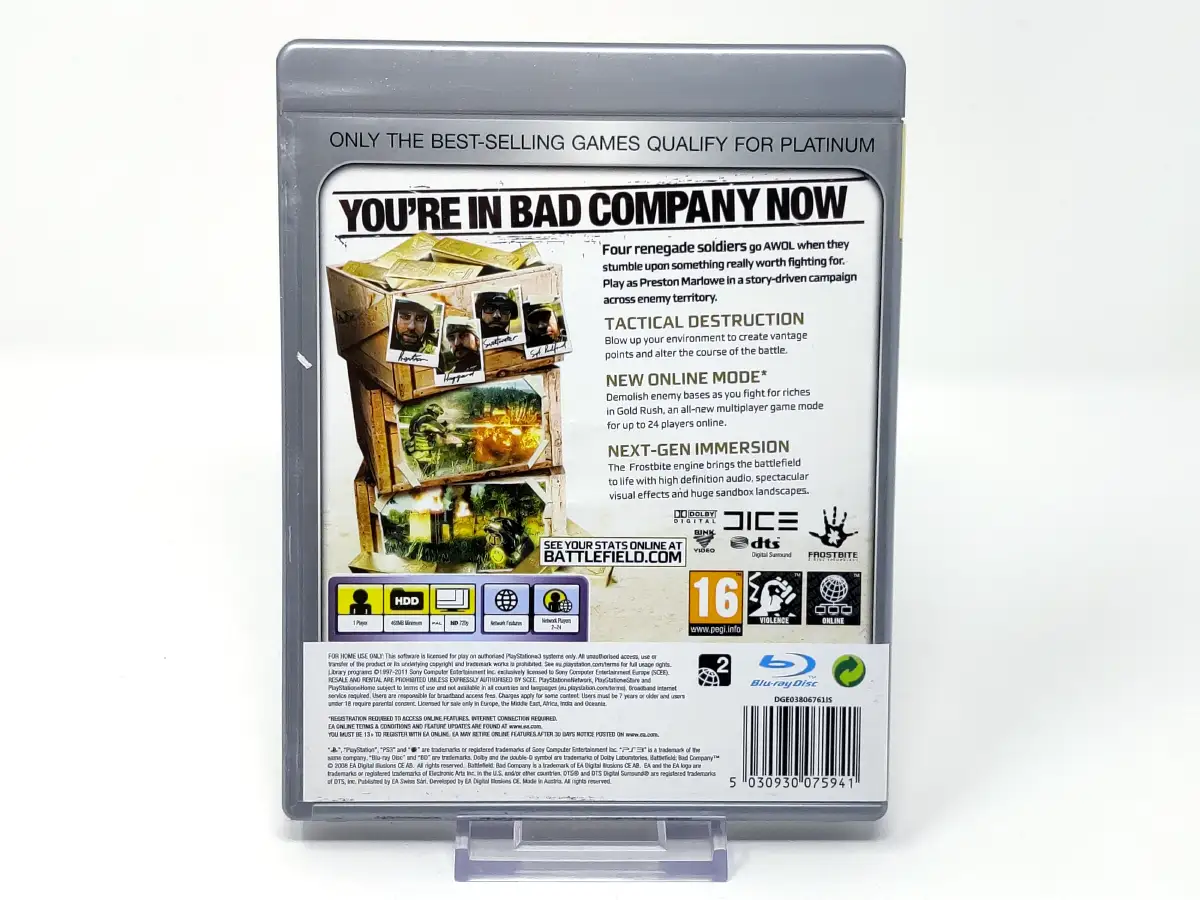 Parte trasera de Battlefield: Bad Company (EUR) (Platinum) para PlayStation 3, edición PAL EUR
