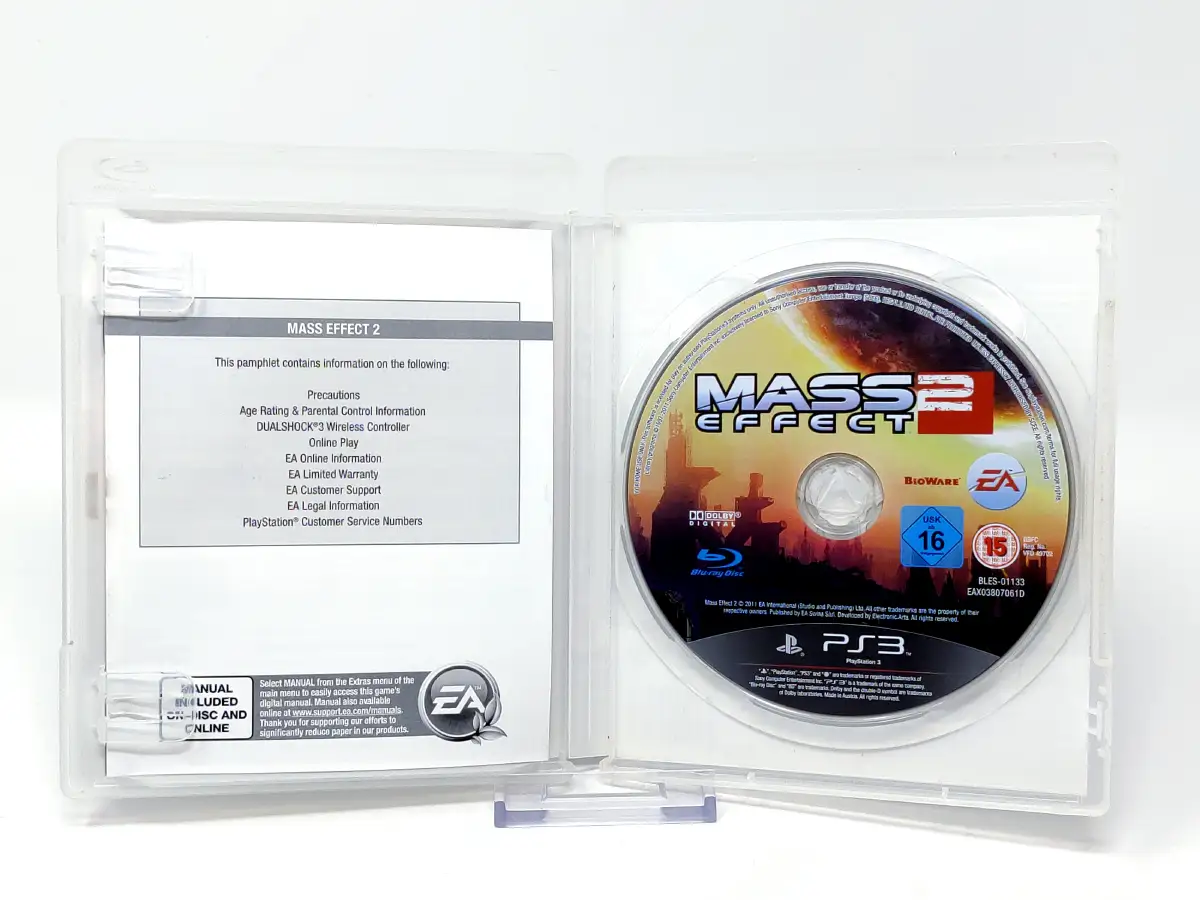 Interior del juego Mass Effect 2 (UK) para PlayStation 3 con disco y manual
