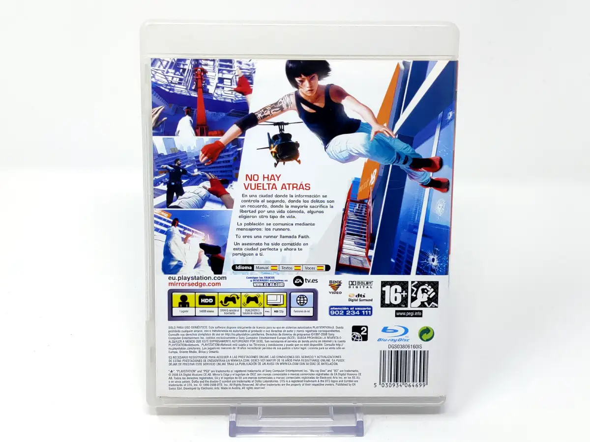 Parte trasera de Mirror's Edge (ESP) para PlayStation 3, edición PAL España