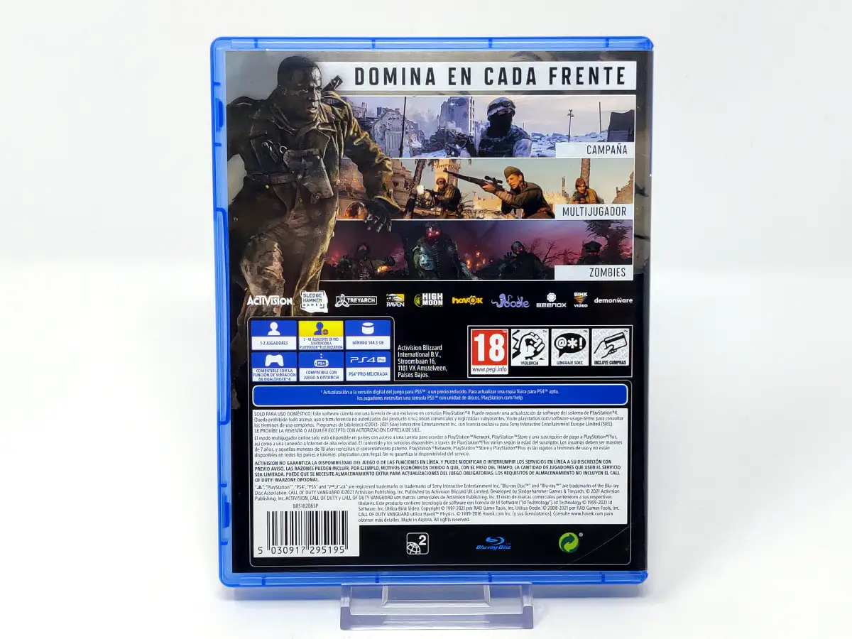 Parte trasera de Call of Duty: Vanguard (ESP) para PlayStation 4, edición PAL España