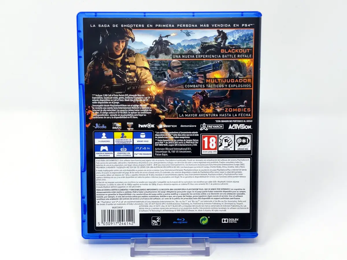 Parte trasera de Call of Duty: Black Ops 4 (Edición Especialista) (ESP) para PlayStation 4, edición PAL España