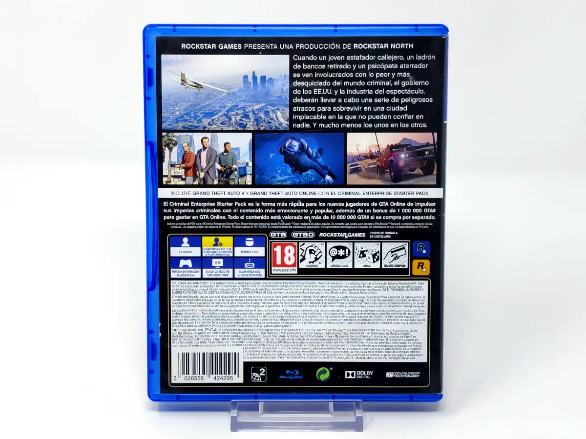 Parte trasera de Grand Theft Auto V (Premium Edition) (ESP) (Rebajado) para PlayStation 4, edición PAL España