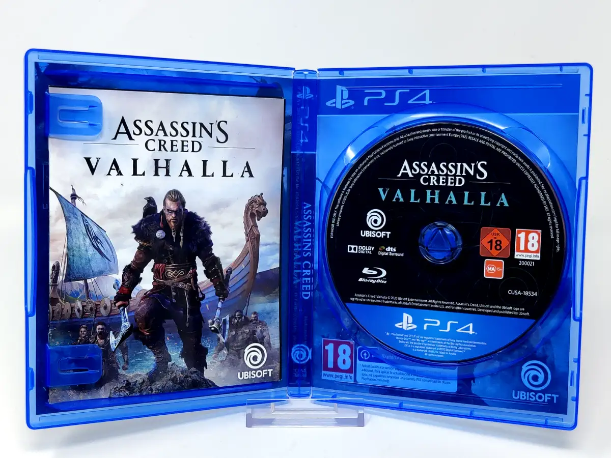 Interior del juego Assassin's Creed Valhalla (ESP) para PlayStation 4 con disco y manual