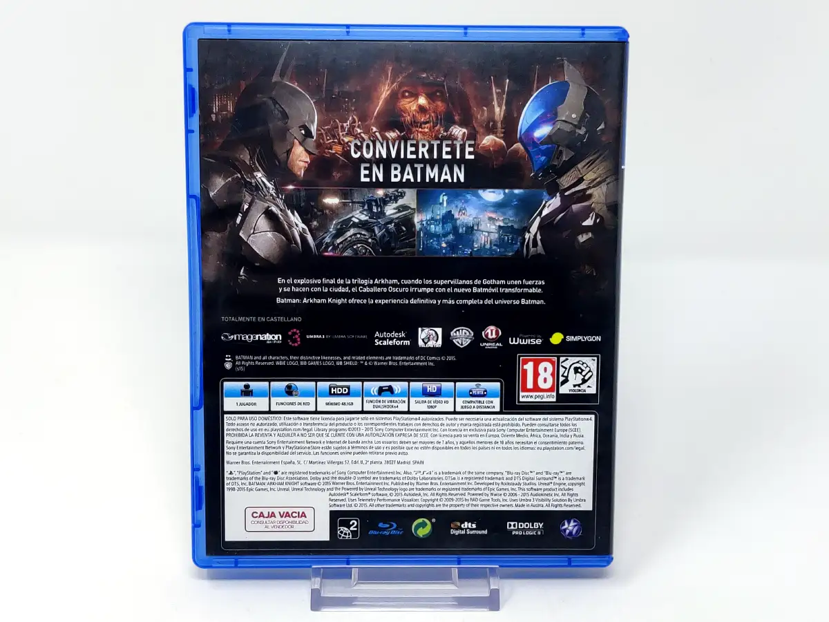 Parte trasera de Batman: Arkham Knight (ESP) para PlayStation 4, edición PAL España
