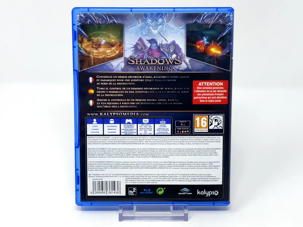 Parte trasera de Shadows: Awakening (ESP) para PlayStation 4, edición PAL España
