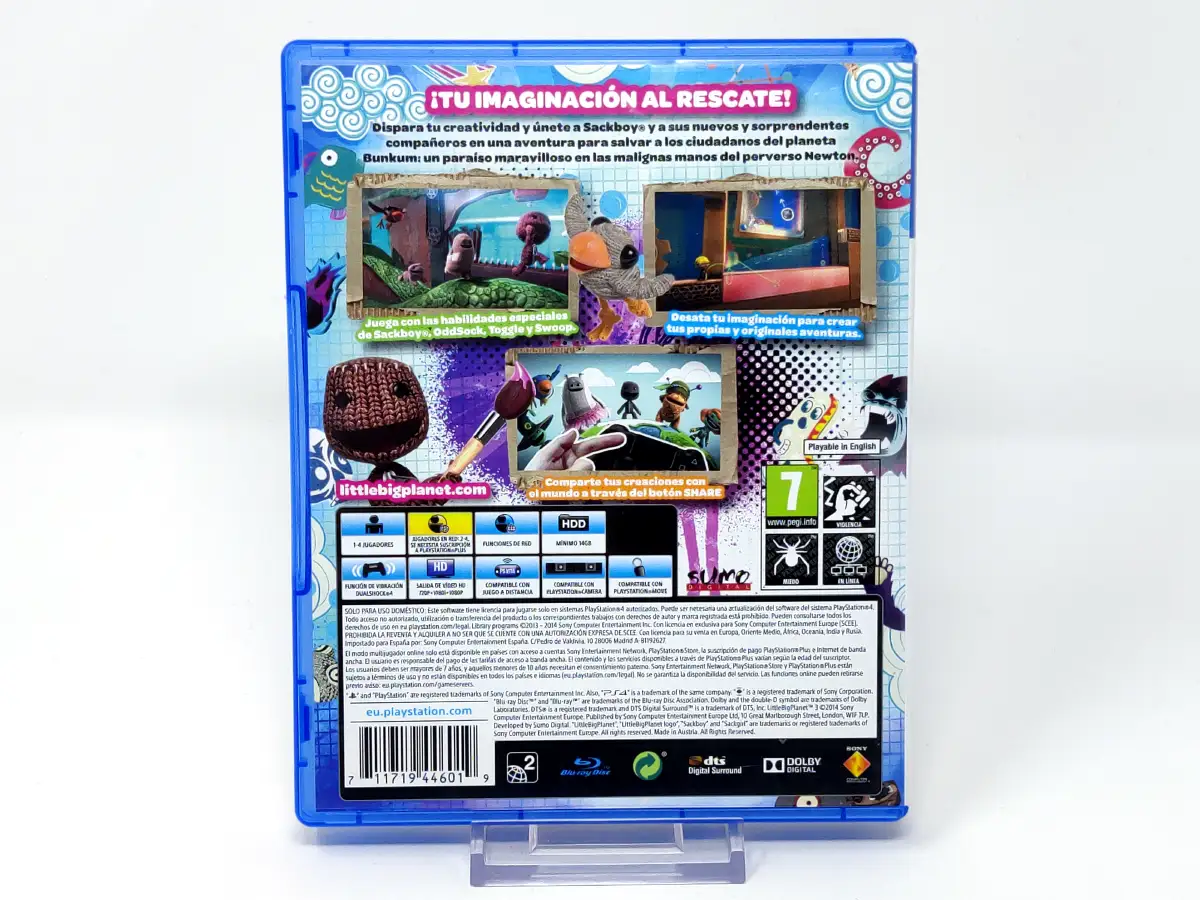 Parte trasera de LittleBigPlanet 3 (ESP) para PlayStation 4, edición PAL España