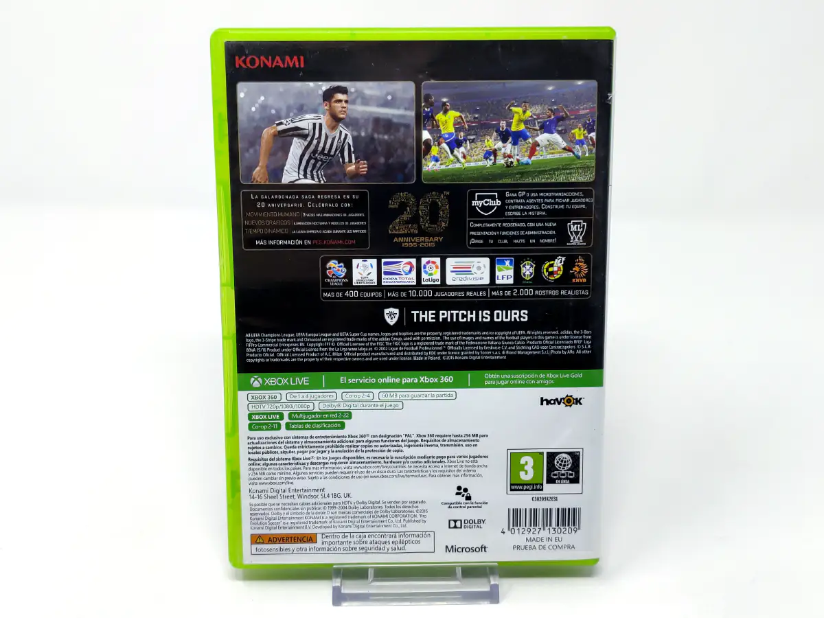 Parte trasera de PES 2016: Pro Evolution Soccer (ESP) para XBOX 360, edición PAL España