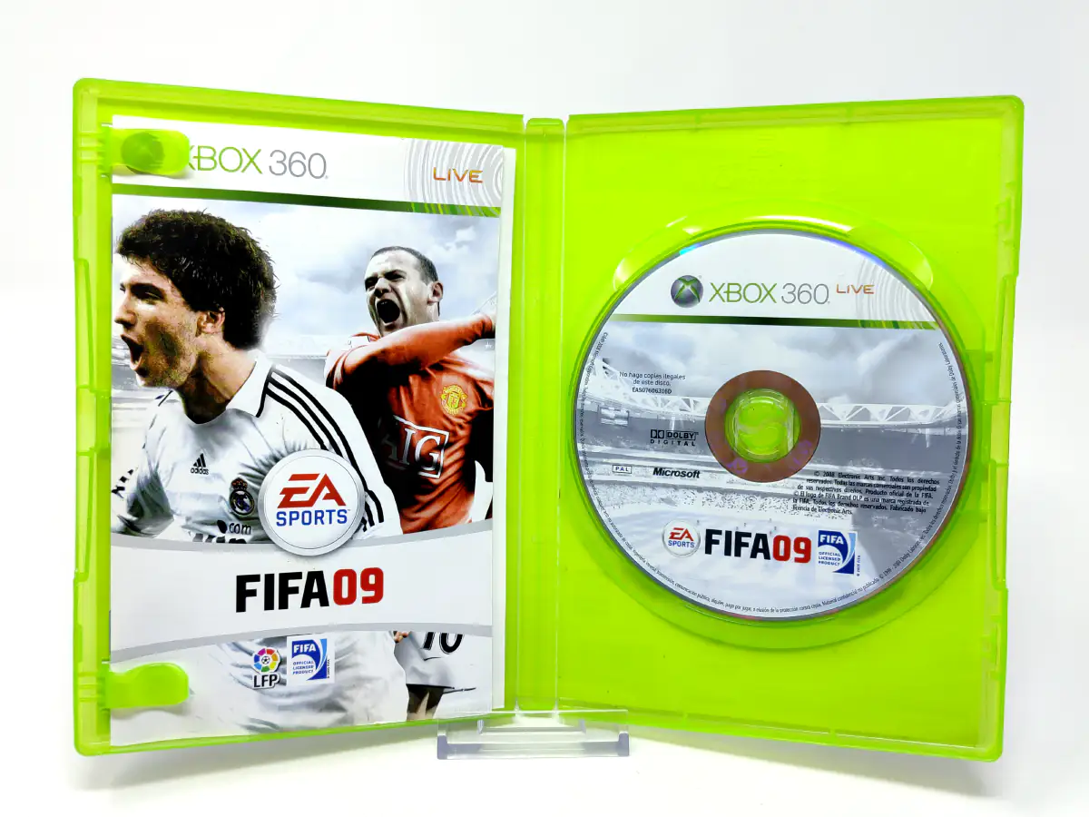 Interior del juego FIFA 09 (ESP) para XBOX 360 con disco y manual