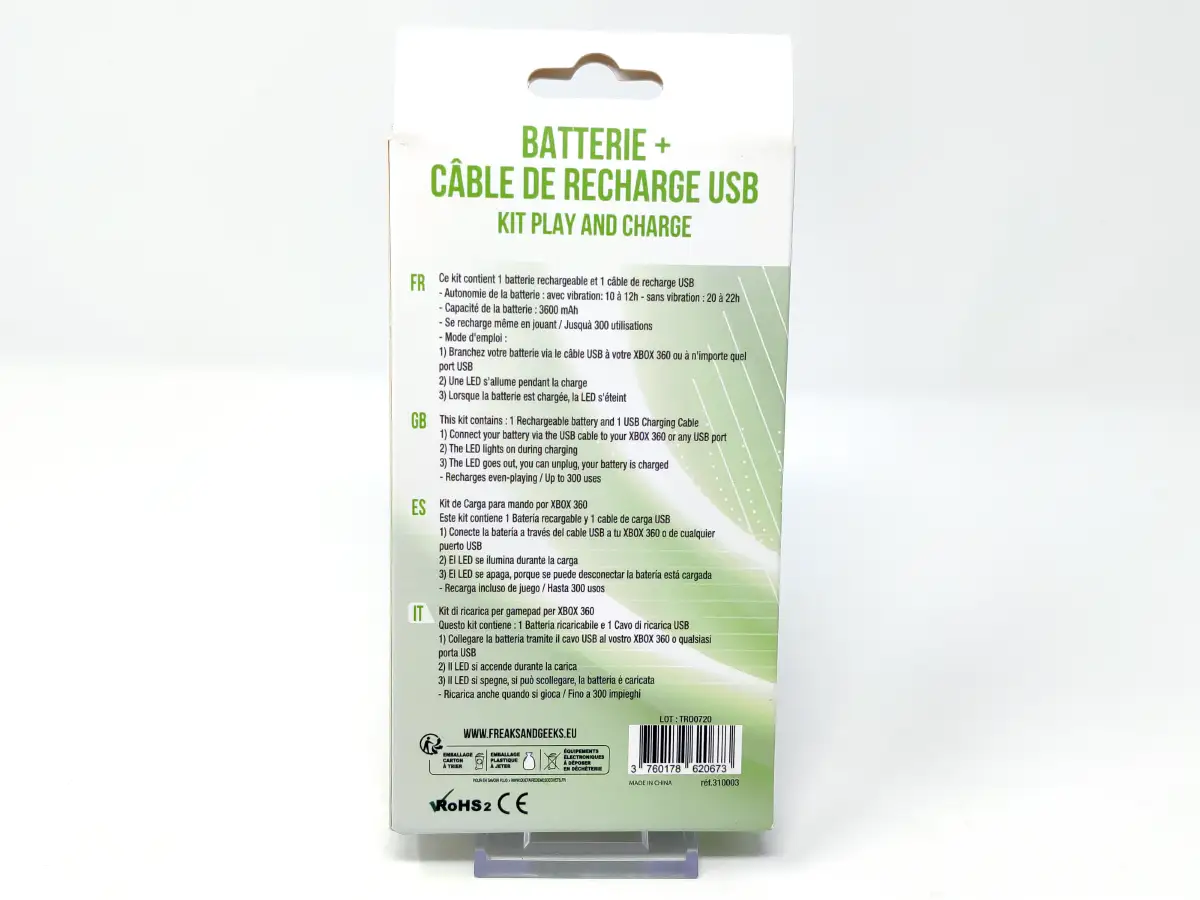 Kit de Carga Xbox360 Blanco: Batería + Cable USB (Freaks and Geeks) para XBOX 360, edición PAL EUR, nuevo