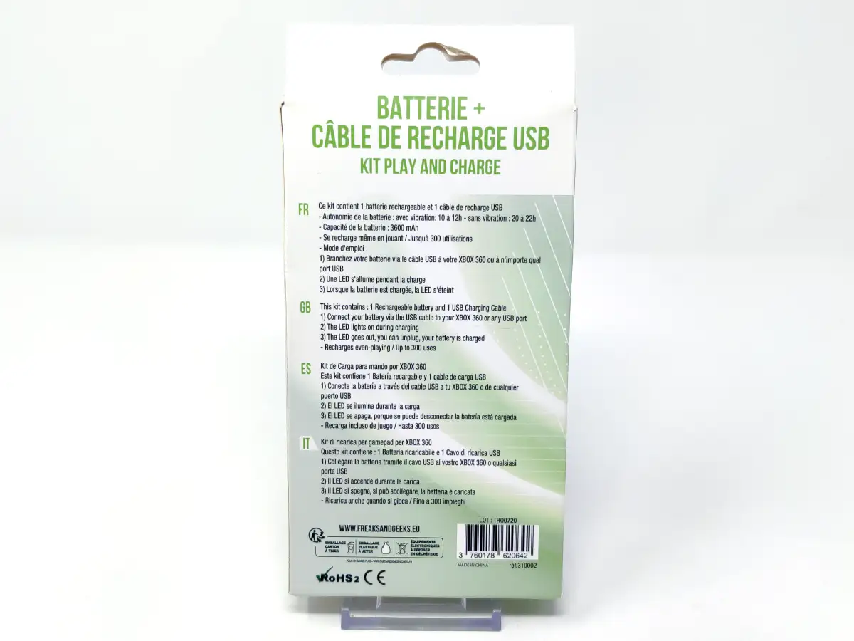 Kit de Carga Xbox360 Negro: Batería + Cable USB (Freaks and Geeks) para XBOX 360, edición PAL EUR, nuevo