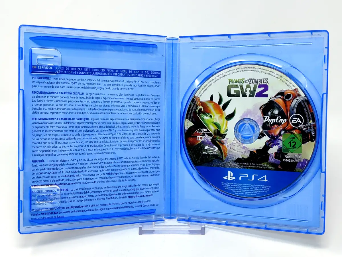 Interior del juego Plants vs. Zombies Garden Warfare 2 (ESP) para PlayStation 4 con disco y manual