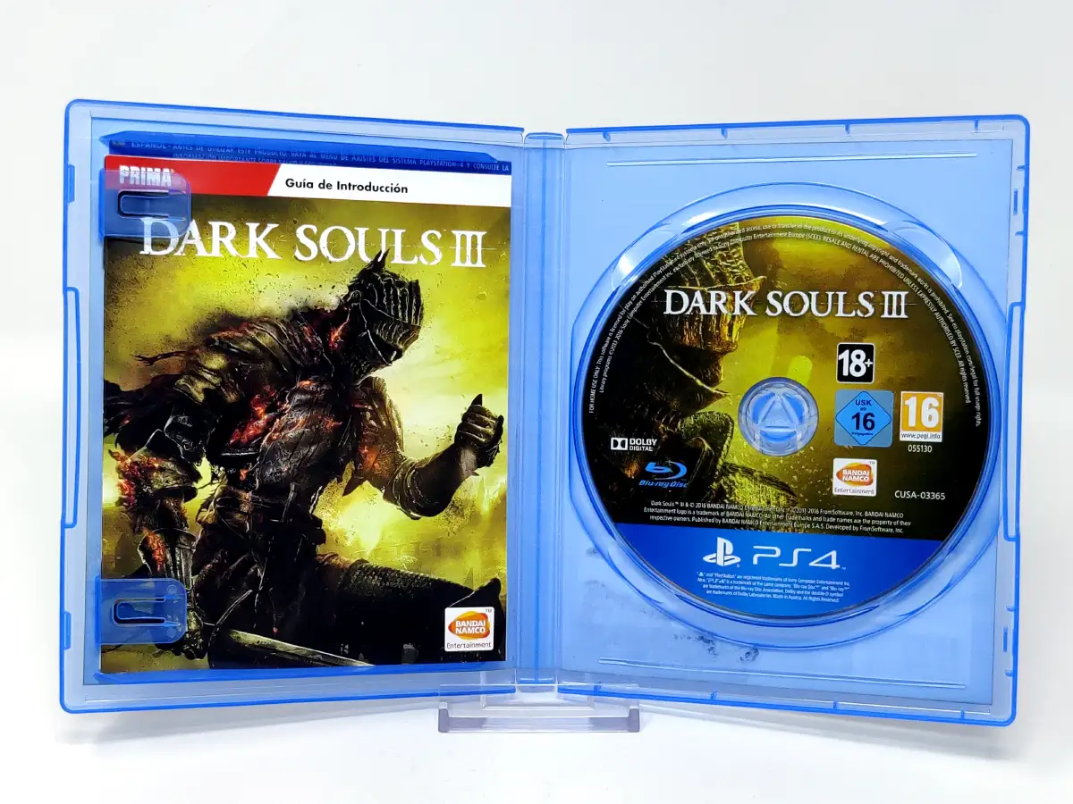 Interior del juego Dark Souls III (ESP) para PlayStation 4 con disco y manual