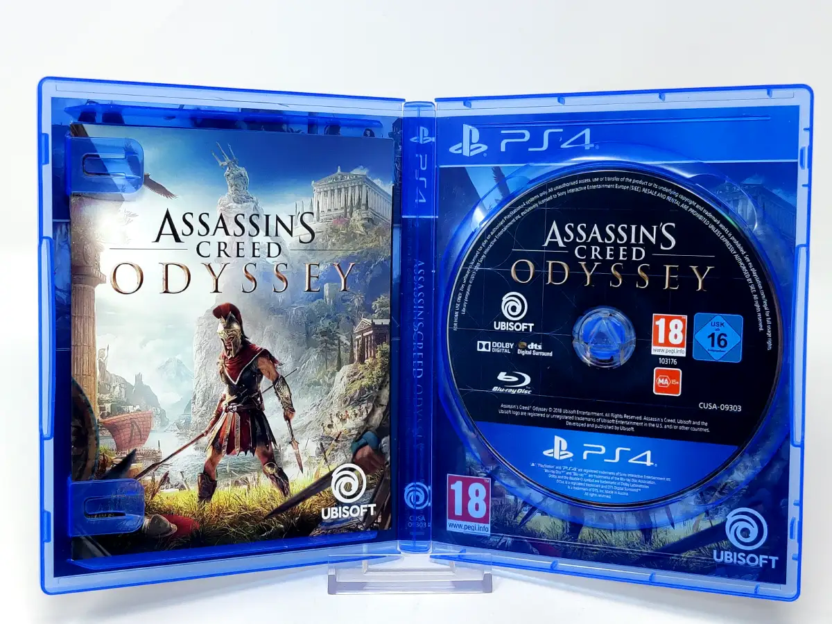 Interior del juego Assassin's Creed Odyssey (EUR) para PlayStation 4 con disco y manual
