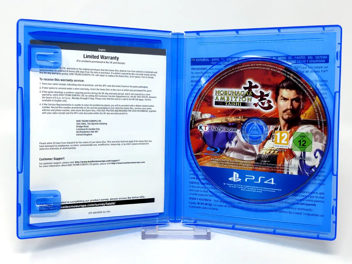 Interior del juego Nobunaga's Ambition: Taishi (ESP) para PlayStation 4 con disco y manual