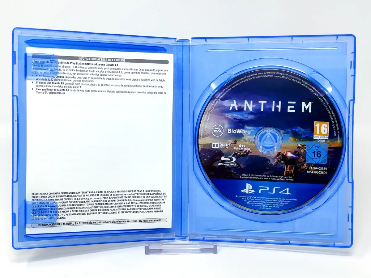 Interior del juego Anthem (ESP) para PlayStation 4 con disco y manual