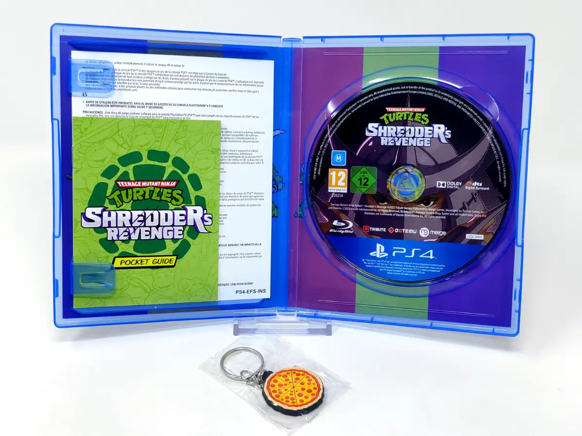 Interior del juego Teenage Mutant Ninja Turtles: Shredder's Revenge (ESP) para PlayStation 4 con disco y manual