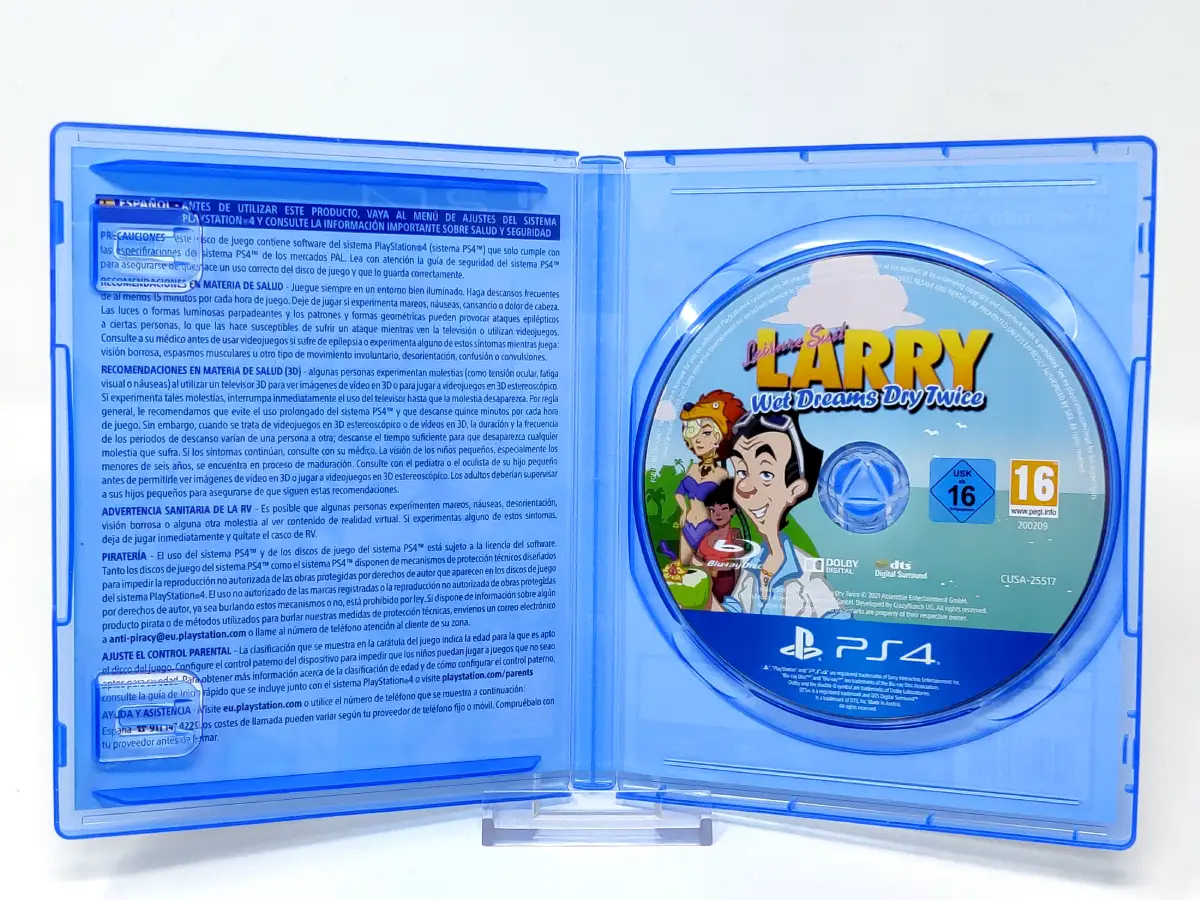 Interior del juego Leisure Suit Larry - Wet Dreams Dry Twice (ESP) para PlayStation 4 con disco y manual