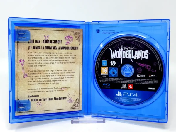 Interior del juego Tiny Tina's Wonderlands (ESP) para PlayStation 4 con disco y manual