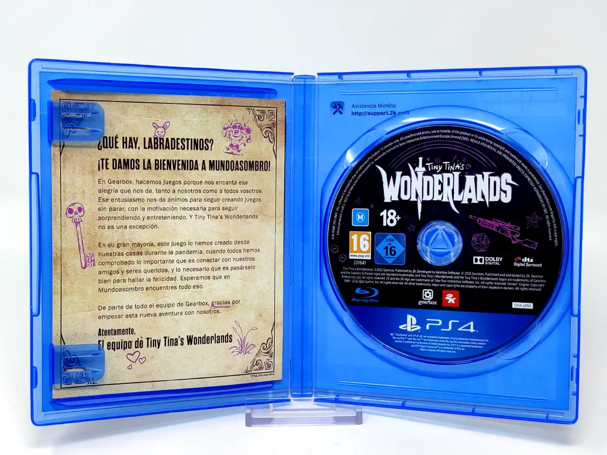 Interior del juego Tiny Tina's Wonderlands (ESP) para PlayStation 4 con disco y manual