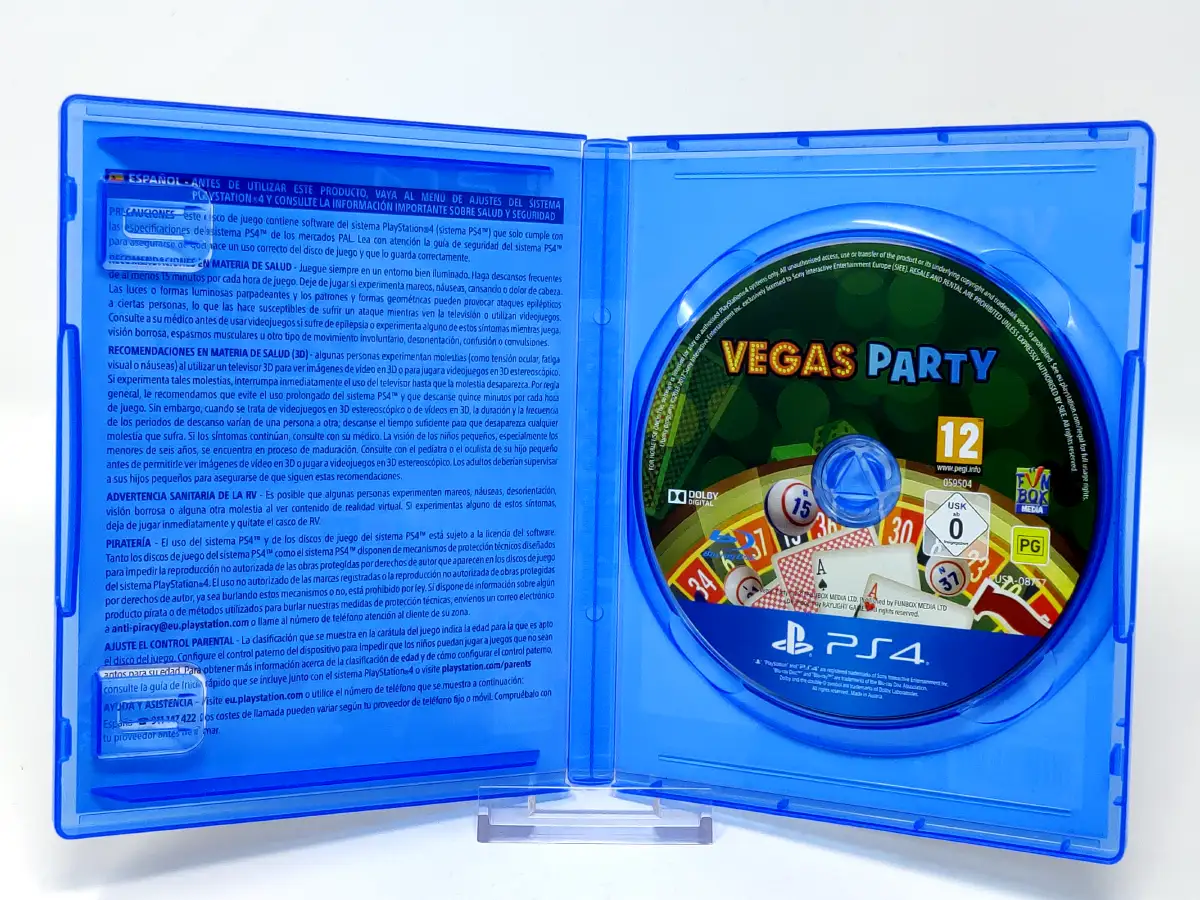 Interior del juego Vegas Party (ESP) para PlayStation 4 con disco y manual