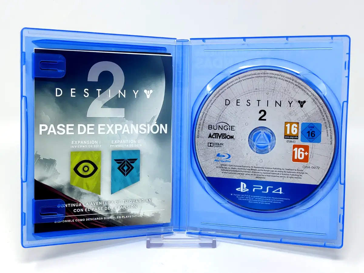 Interior del juego Destiny 2 (ESP) para PlayStation 4 con disco y manual