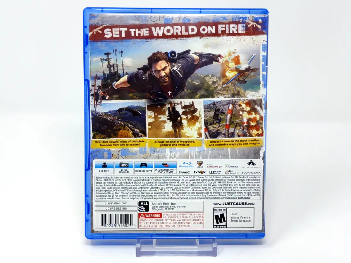Parte trasera de Just Cause 3 (USA) para PlayStation 4, edición NTSC USA