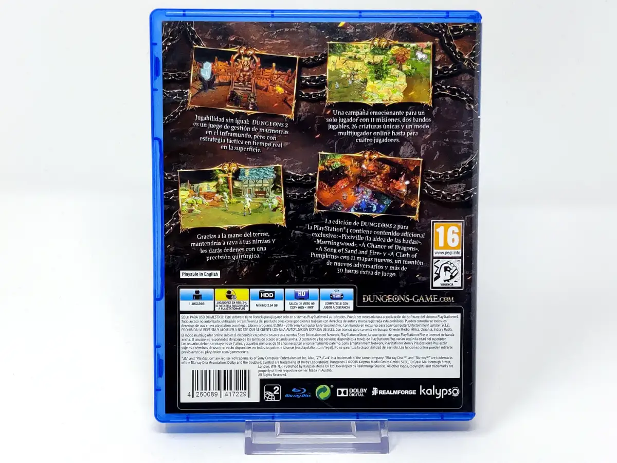 Parte trasera de Dungeons II (ESP) para PlayStation 4, edición PAL España