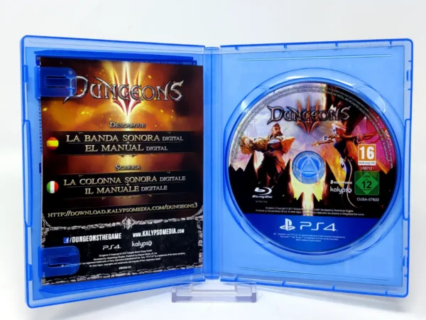 Interior del juego Dungeons III (Extremely Evil Edition) (ESP) para PlayStation 4 con disco y manual