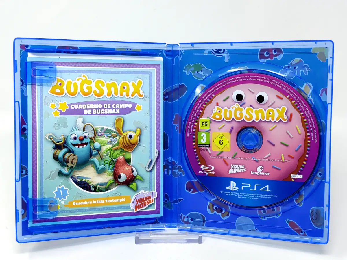 Interior del juego Bugsnax (ESP) para PlayStation 4 con disco y manual