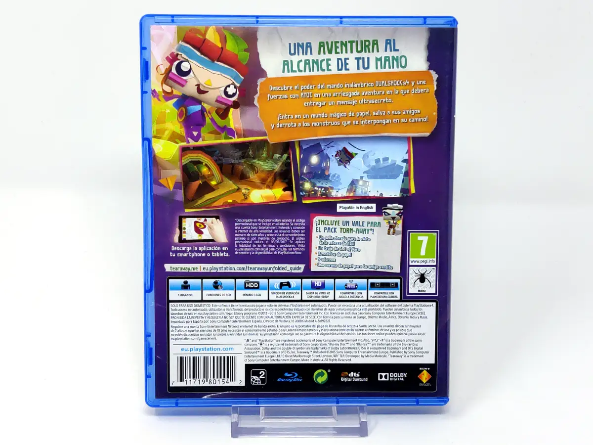 Parte trasera de Tearaway Unfolded (Messenger Edition) (ESP) para PlayStation 4, edición PAL España