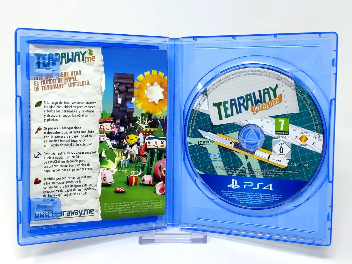 Interior del juego Tearaway Unfolded (Messenger Edition) (ESP) para PlayStation 4 con disco y manual