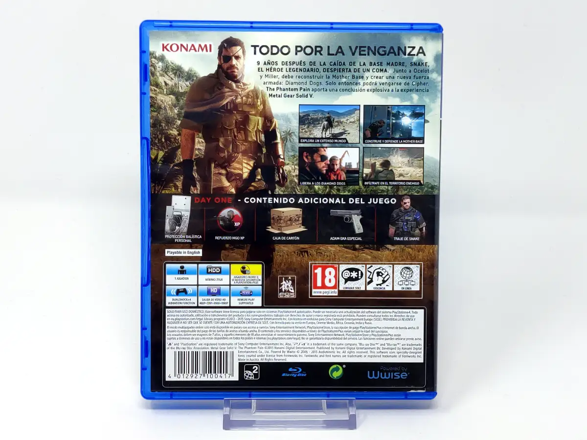 Parte trasera de Metal Gear Solid V: The Phantom Pain (ESP) para PlayStation 4, edición PAL España